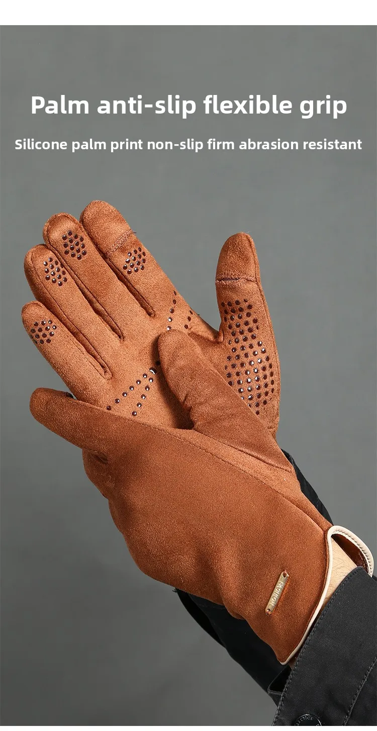 Winter Warm Gloves for Men's Outdoor Cycling and Driving Suede and Fleece Thickened Non-slip Touch Screen Gloves
