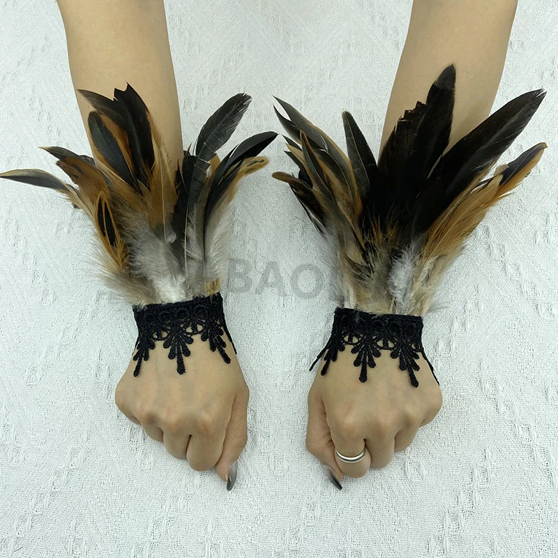 Natural Feather Sleeve Cuffs Gloves Party Cosplay Lace Wrist Cuffs Fur Sleeve Furry Accessories Carnival Stage Show Costume