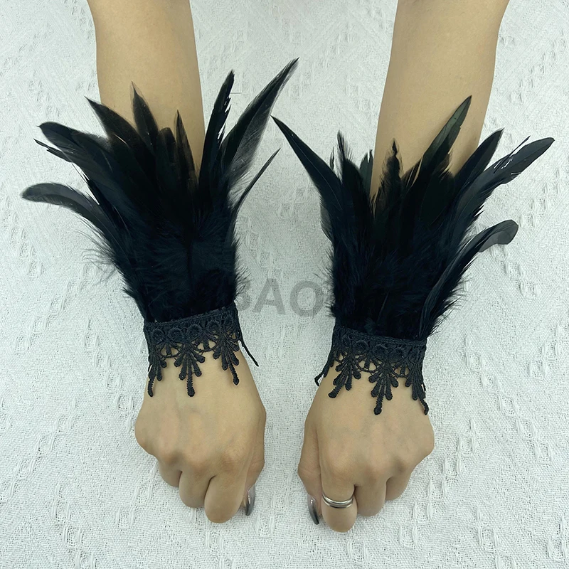 Natural Feather Sleeve Cuffs Gloves Party Cosplay Lace Wrist Cuffs Fur Sleeve Furry Accessories Carnival Stage Show Costume