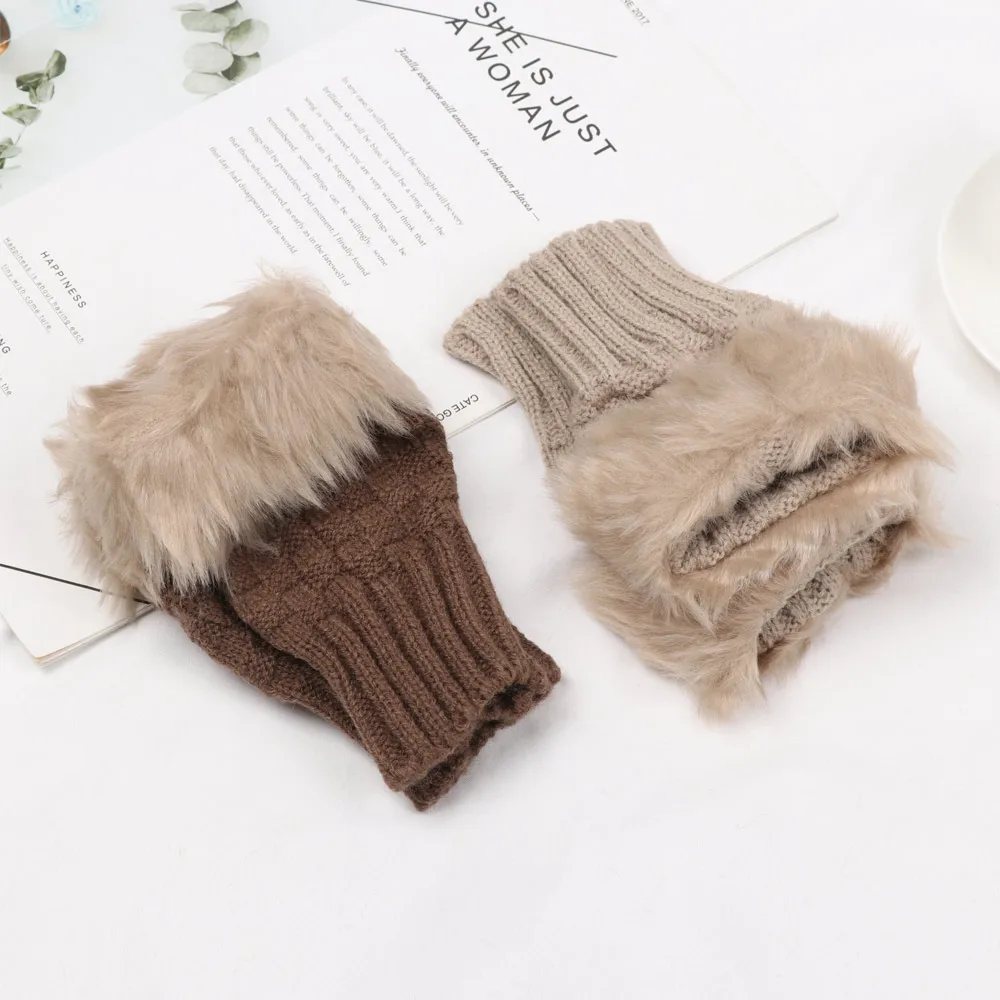 Winter Women Girls Faux Rabbit Hair Fingerless Thicken Warm Gloves Soft Stretch Mittens Outdoor Sports Half Finger Gloves