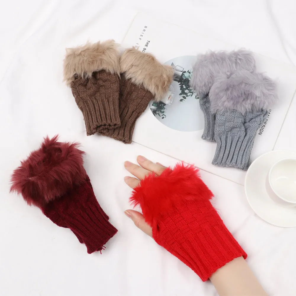 Winter Women Girls Faux Rabbit Hair Fingerless Thicken Warm Gloves Soft Stretch Mittens Outdoor Sports Half Finger Gloves