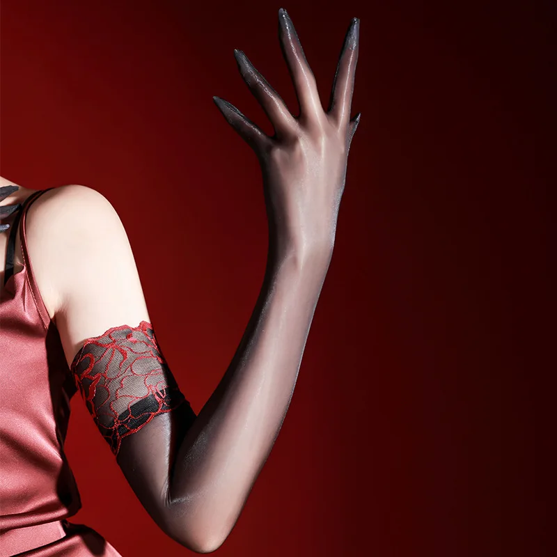 Ultra-thin Aurora Oil Smooth Lace Cuff Long Five Finger Gloves Women Sexy Sheer Nightclub Cosplay Stretchy Tight Stockings Glove