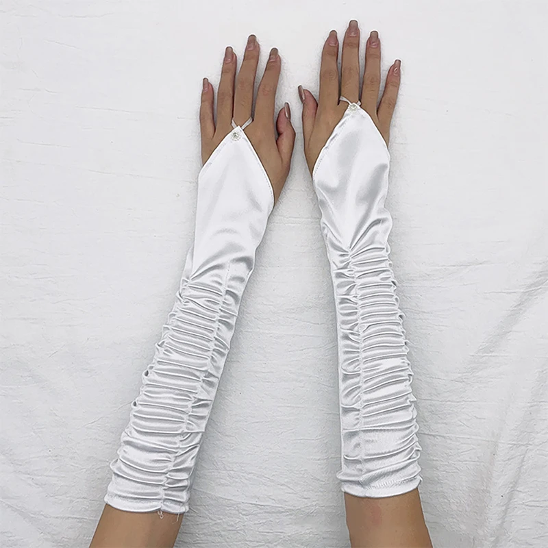 White Elegant Elastic Satin Pleated Hot Drill Bridal Wedding Fingerless Long Gloves Women Party Prom Dress Hook Finger Gloves