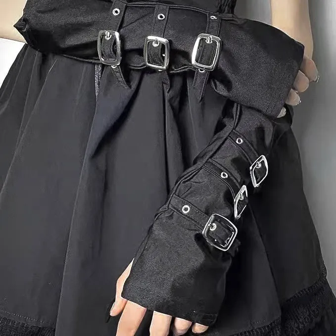 2024 Fashion Personality Buckle Straps Punk Style Women Spandex Fingerless Gloves Lolita Cosplay Stage Performances Street Dance