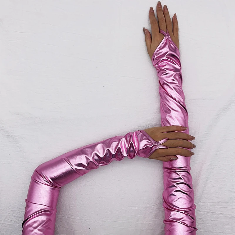 Women Patent Leather Hook Finger Long Fingerless Gloves Solid Retro Style Stage Performance Cosplay Tight Fashion Personality