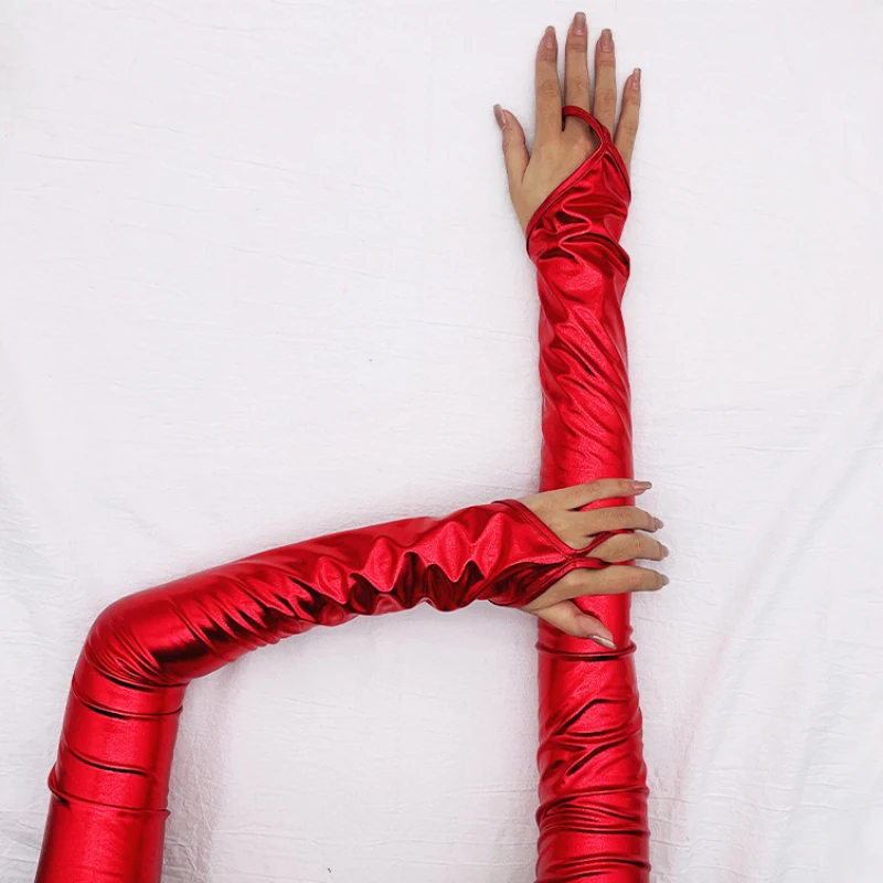 Women Patent Leather Hook Finger Long Fingerless Gloves Solid Retro Style Stage Performance Cosplay Tight Fashion Personality