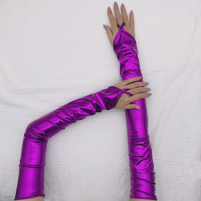 Women Patent Leather Hook Finger Long Fingerless Gloves Solid Retro Style Stage Performance Cosplay Tight Fashion Personality