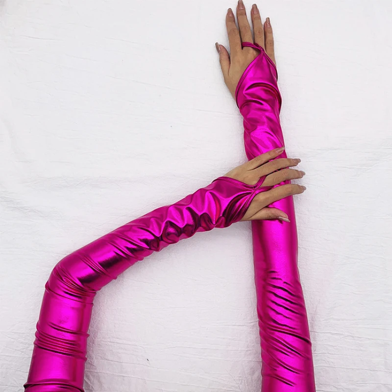 Women Patent Leather Hook Finger Long Fingerless Gloves Solid Retro Style Stage Performance Cosplay Tight Fashion Personality