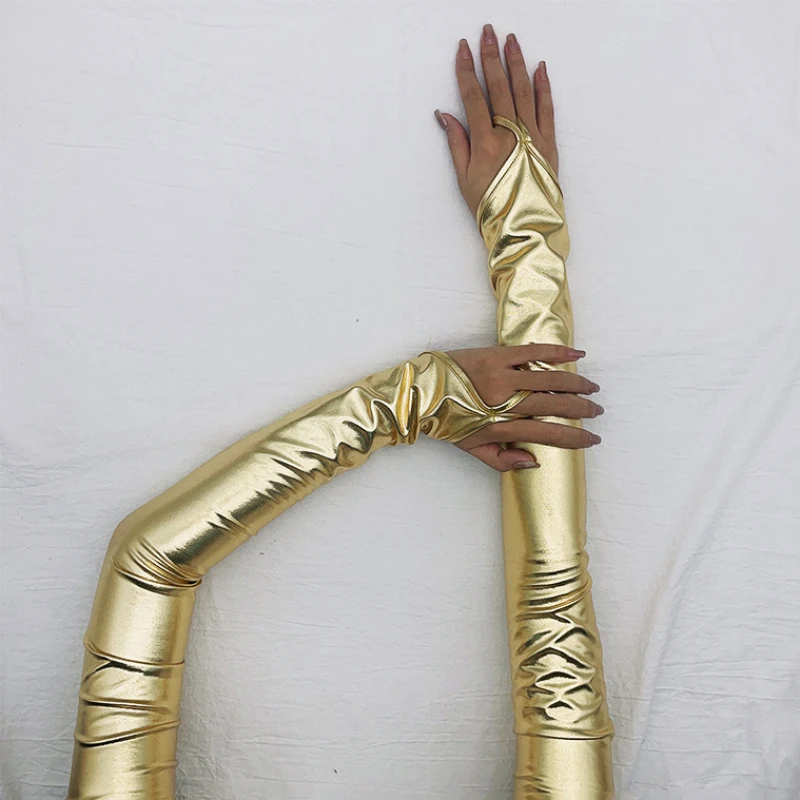 Women Patent Leather Hook Finger Long Fingerless Gloves Solid Retro Style Stage Performance Cosplay Tight Fashion Personality