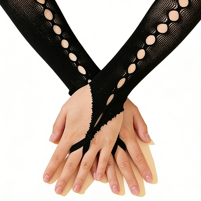 45CM Women's Fingerless Hook Finger Gloves Sexy Long Hollow Out Mesh Gothic Punk Stretchy Nightclub Pole Dance Stage Performance