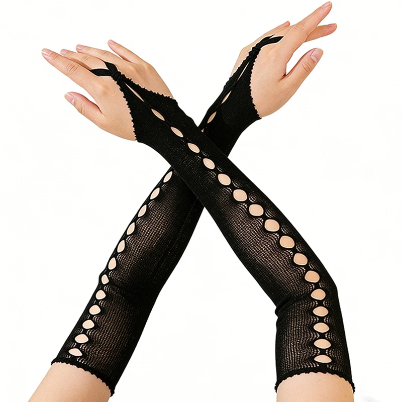 45CM Women's Fingerless Hook Finger Gloves Sexy Long Hollow Out Mesh Gothic Punk Stretchy Nightclub Pole Dance Stage Performance