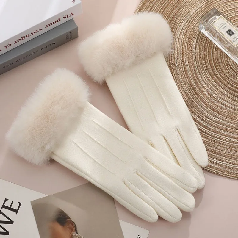 Women Winter Keep Warm Touch Screen Stripe Wrist Hairy Gloves Elegant Simple Windproof Not Bloated Cycling Drive Elasticity