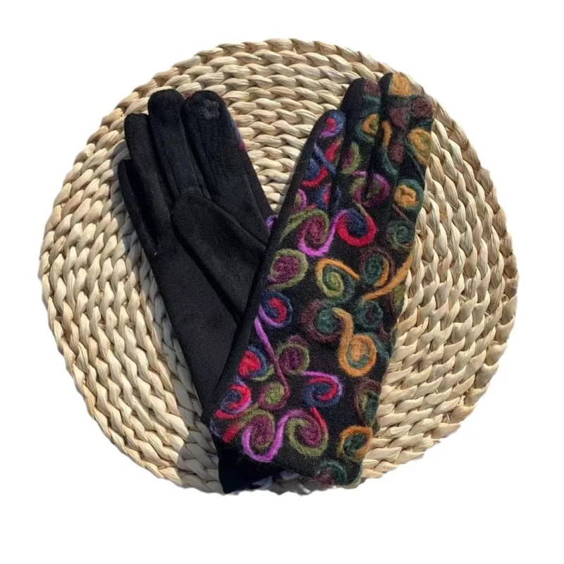 Winter Women Fashion Personality Woolen Flowers Embroidery Keep Warm Gloves Touch Screen Thickened Windproof Cycling Drive Soft