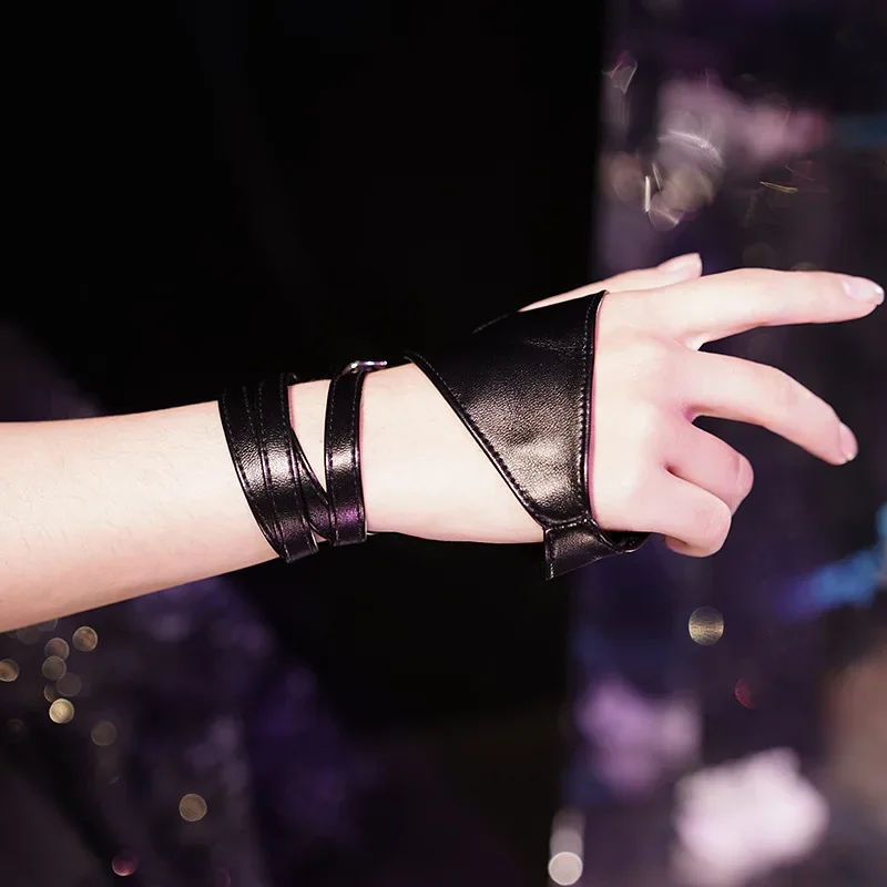 Gothic Punk Style Half-Finger Black Strap Leather Gloves Sexy Women Fingerless Stage Perfermence Cosplay Hip-Hop Accessories