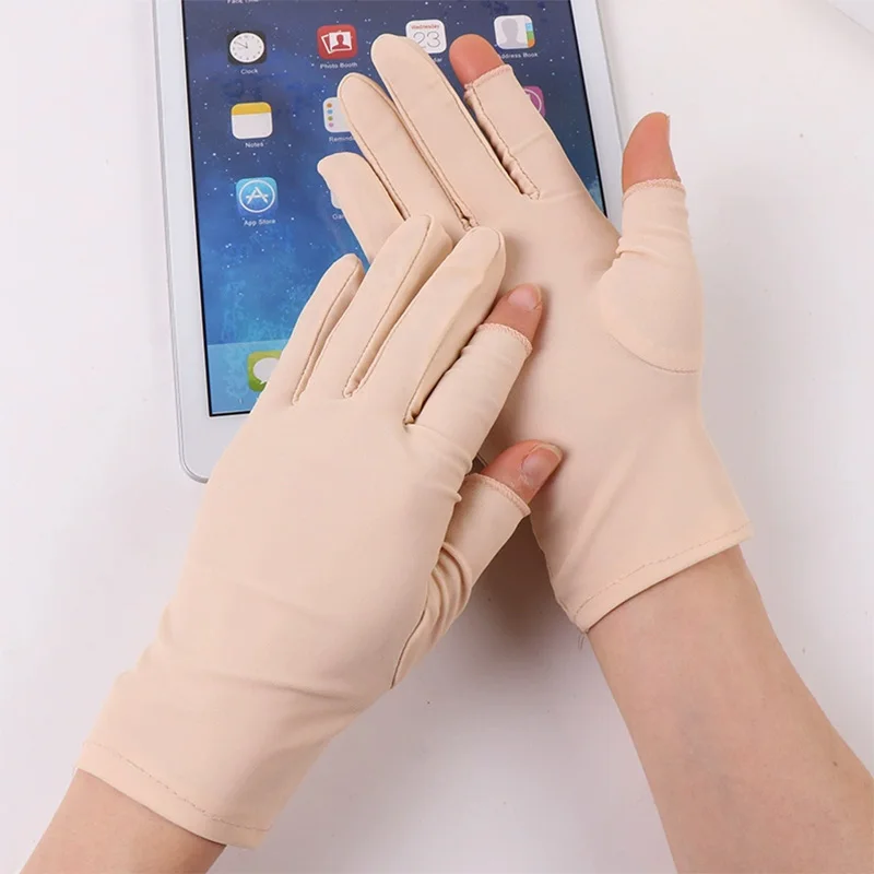 Beige Black Summer Women Gloves Outdoor Sport Breathable Thin Semi-Finger Driving Gloves Sunscreen Fingerless Elasticity Gloves