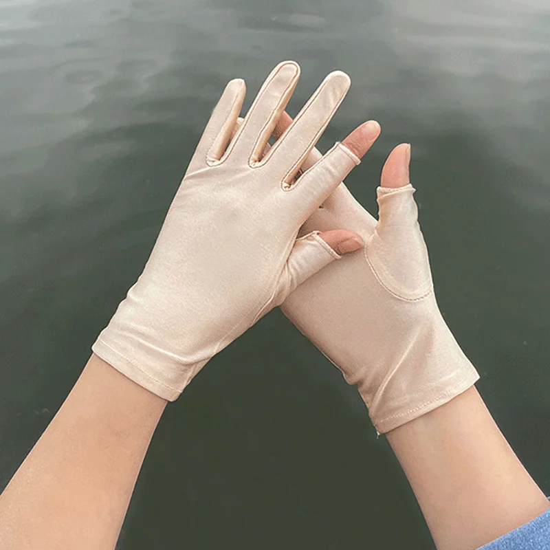 Beige Black Summer Women Gloves Outdoor Sport Breathable Thin Semi-Finger Driving Gloves Sunscreen Fingerless Elasticity Gloves