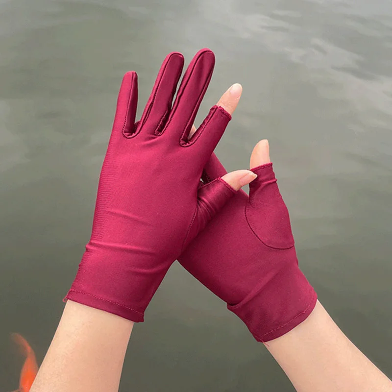 Beige Black Summer Women Gloves Outdoor Sport Breathable Thin Semi-Finger Driving Gloves Sunscreen Fingerless Elasticity Gloves