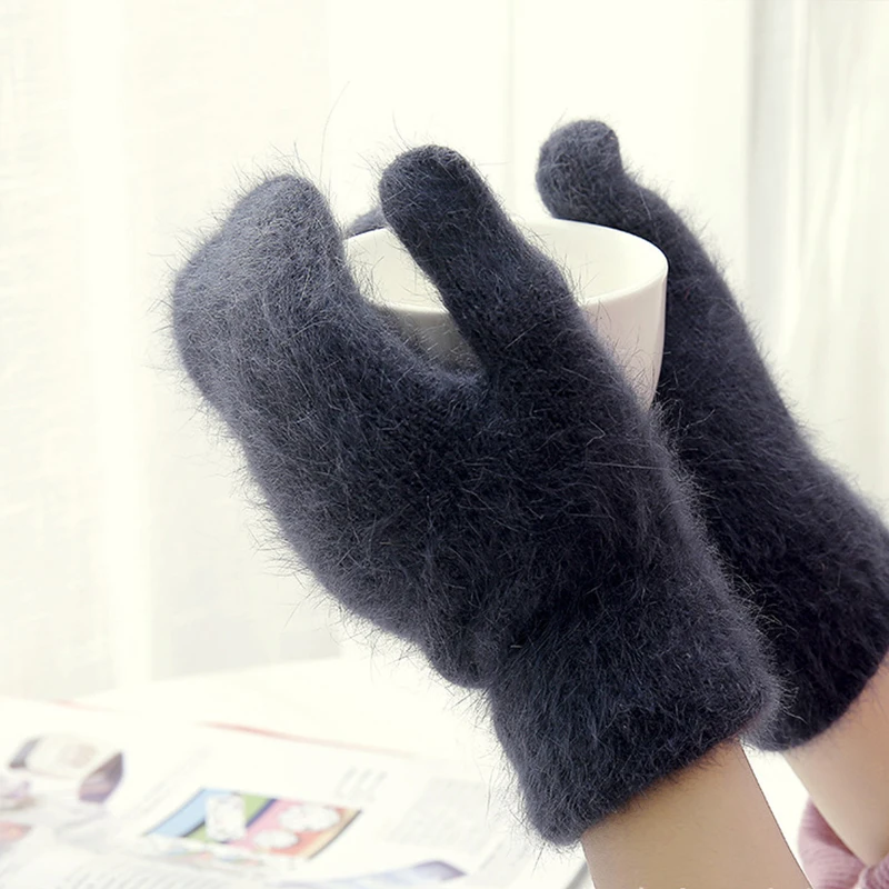 Rabbit Wool Full Fingers Gloves For Men Women Korean Winter Warm Mittens Gloves Ladies Solid Color Thicken Five Finger Gloves