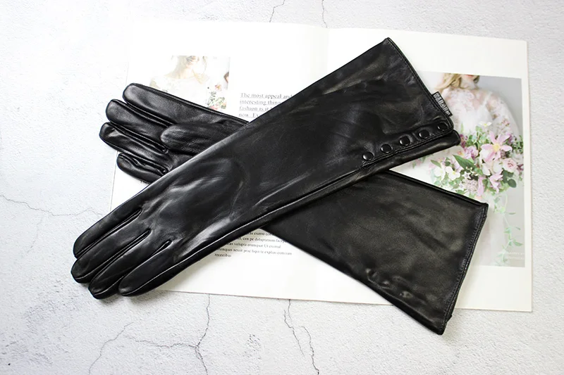 Women's 38 CM Long Fashion Color Leather Sheepskin Gloves with Velvet Lining Warm Finger Gloves for Autumn And Winter