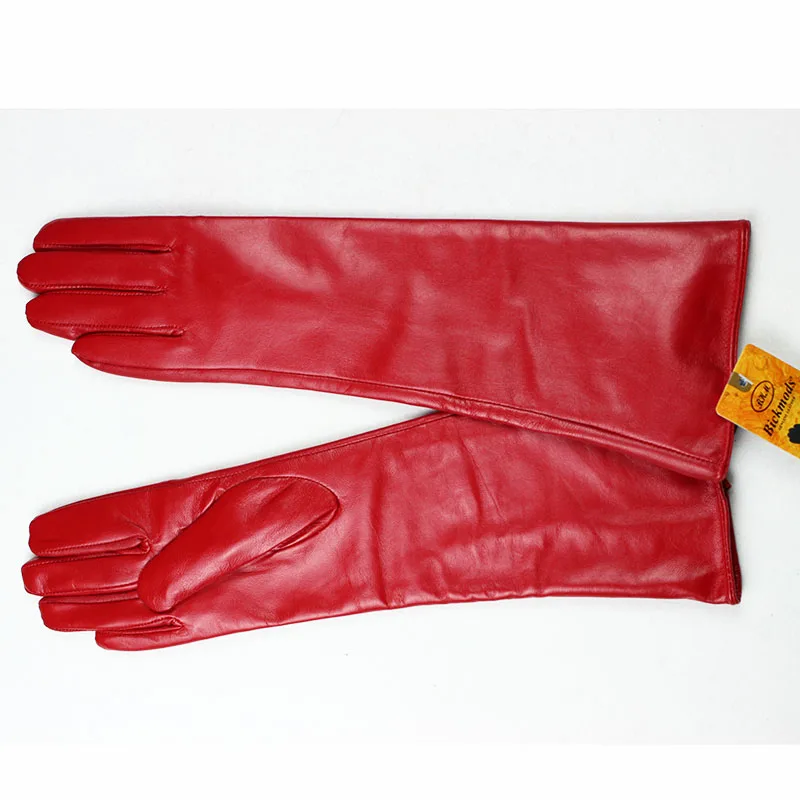 Women's 38 CM Long Fashion Color Leather Sheepskin Gloves with Velvet Lining Warm Finger Gloves for Autumn And Winter