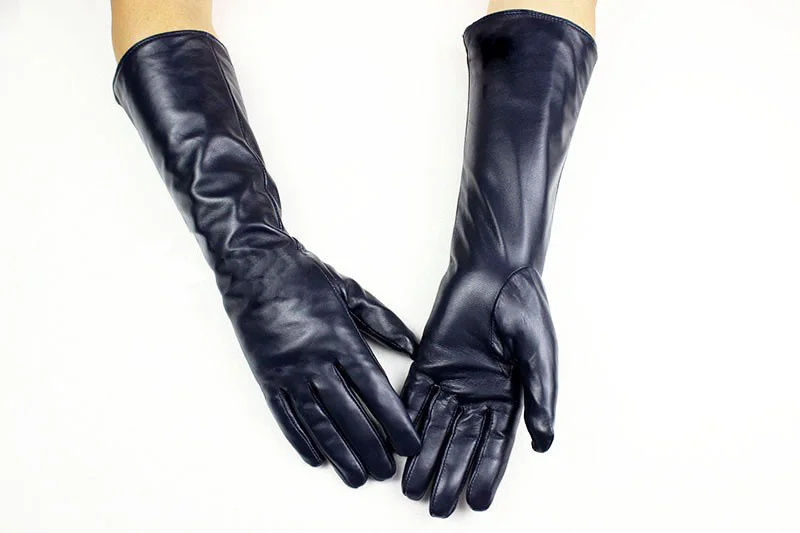 Women's 38 CM Long Fashion Color Leather Sheepskin Gloves with Velvet Lining Warm Finger Gloves for Autumn And Winter