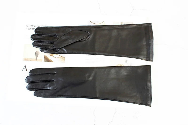 Women's 38 CM Long Fashion Color Leather Sheepskin Gloves with Velvet Lining Warm Finger Gloves for Autumn And Winter