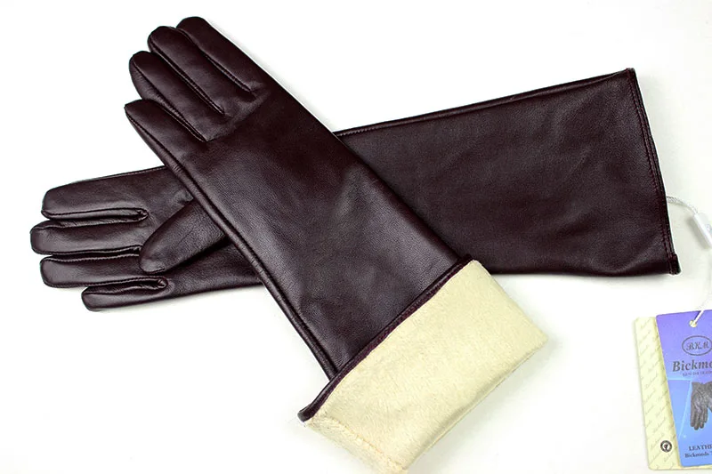 Women's 38 CM Long Fashion Color Leather Sheepskin Gloves with Velvet Lining Warm Finger Gloves for Autumn And Winter