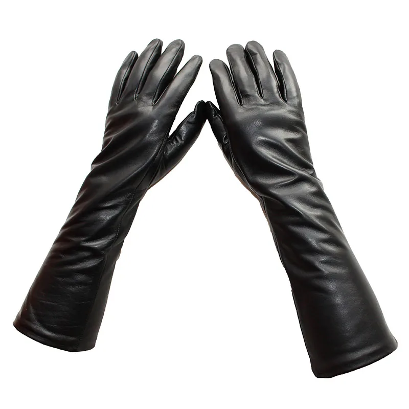 Women's 38 CM Long Fashion Color Leather Sheepskin Gloves with Velvet Lining Warm Finger Gloves for Autumn And Winter