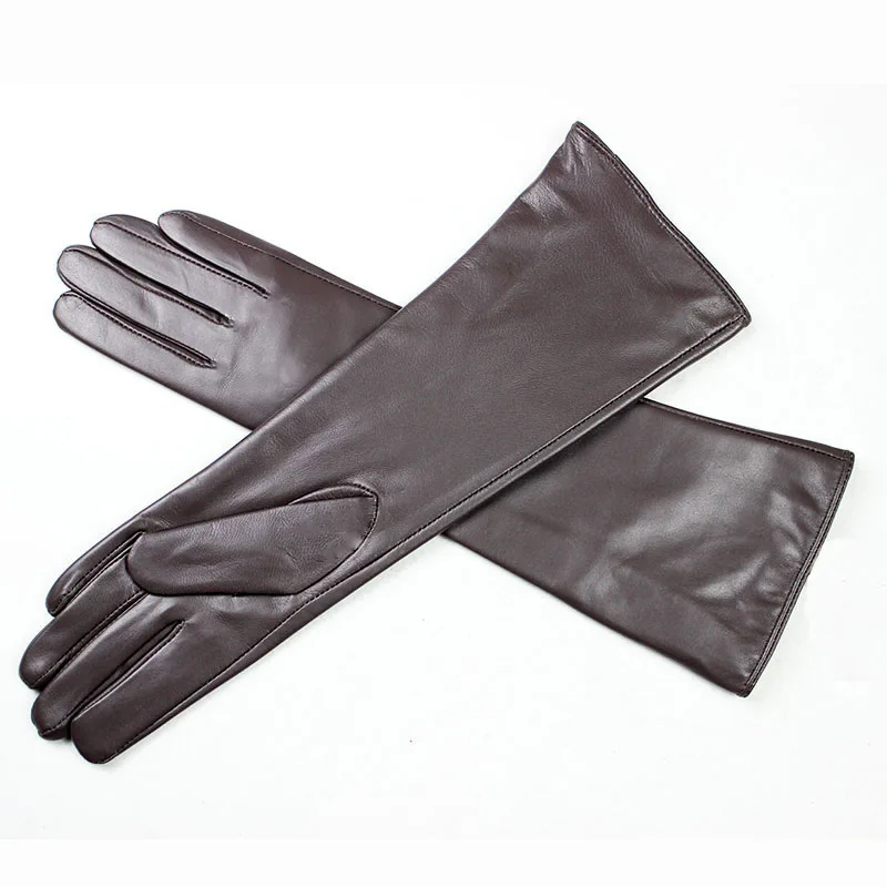 Women's 38 CM Long Fashion Color Leather Sheepskin Gloves with Velvet Lining Warm Finger Gloves for Autumn And Winter