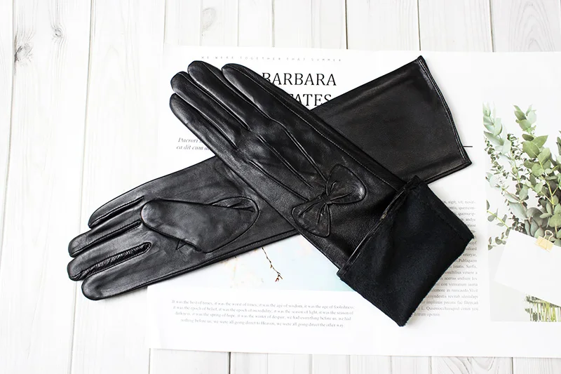 Women's 38 CM Long Fashion Color Leather Sheepskin Gloves with Velvet Lining Warm Finger Gloves for Autumn And Winter