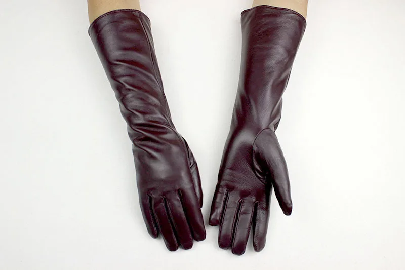 Women's 38 CM Long Fashion Color Leather Sheepskin Gloves with Velvet Lining Warm Finger Gloves for Autumn And Winter