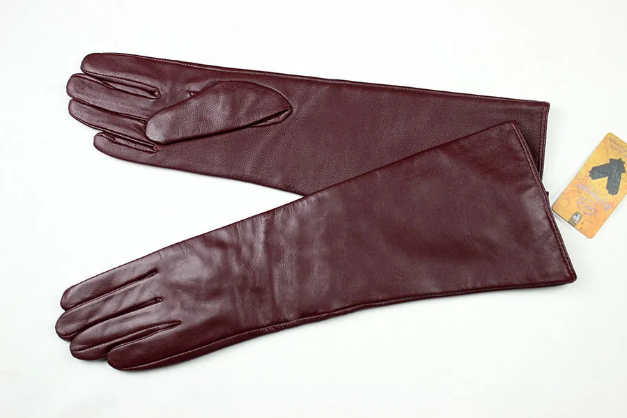 Women's 38 CM Long Fashion Color Leather Sheepskin Gloves with Velvet Lining Warm Finger Gloves for Autumn And Winter