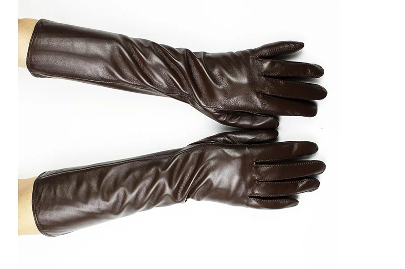 Women's 38 CM Long Fashion Color Leather Sheepskin Gloves with Velvet Lining Warm Finger Gloves for Autumn And Winter