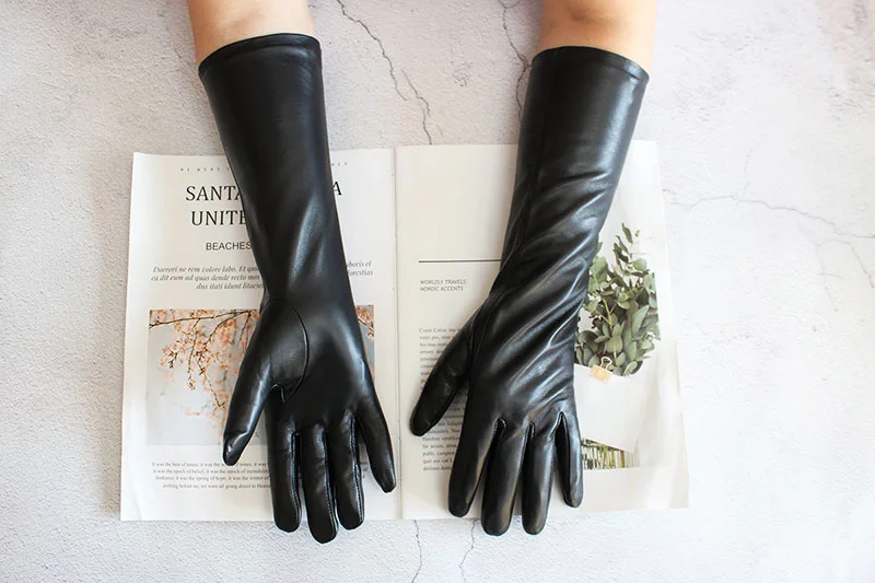 Women's 38 CM Long Fashion Color Leather Sheepskin Gloves with Velvet Lining Warm Finger Gloves for Autumn And Winter