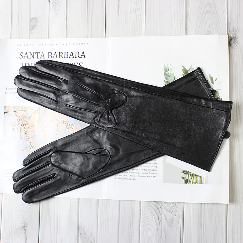 Women's 38 CM Long Fashion Color Leather Sheepskin Gloves with Velvet Lining Warm Finger Gloves for Autumn And Winter