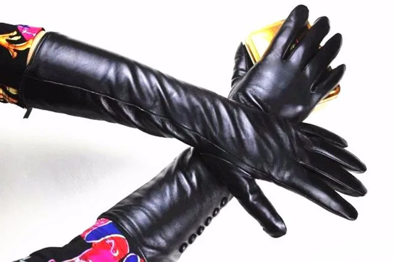 Women's 38 CM Long Fashion Color Leather Sheepskin Gloves with Velvet Lining Warm Finger Gloves for Autumn And Winter