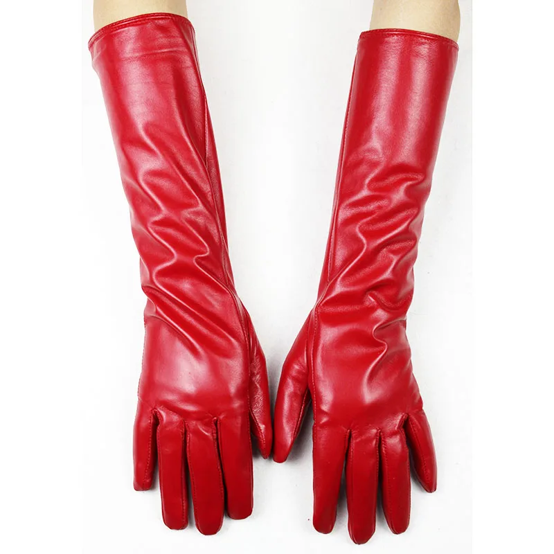 Women's 38 CM Long Fashion Color Leather Sheepskin Gloves with Velvet Lining Warm Finger Gloves for Autumn And Winter