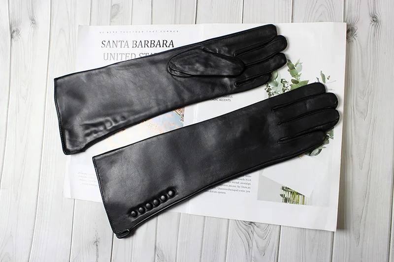Women's 38 CM Long Fashion Color Leather Sheepskin Gloves with Velvet Lining Warm Finger Gloves for Autumn And Winter