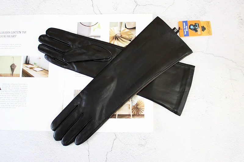 Women's 38 CM Long Fashion Color Leather Sheepskin Gloves with Velvet Lining Warm Finger Gloves for Autumn And Winter