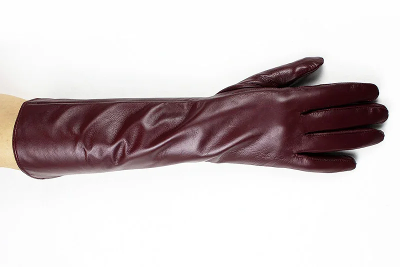 Women's 38 CM Long Fashion Color Leather Sheepskin Gloves with Velvet Lining Warm Finger Gloves for Autumn And Winter