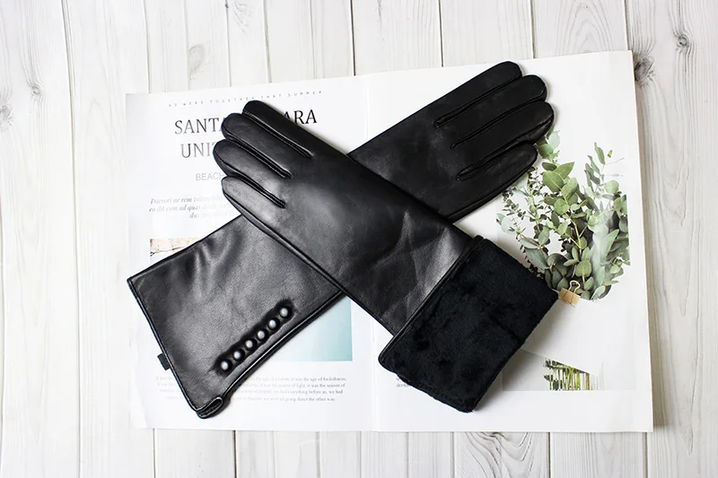 Women's 38 CM Long Fashion Color Leather Sheepskin Gloves with Velvet Lining Warm Finger Gloves for Autumn And Winter