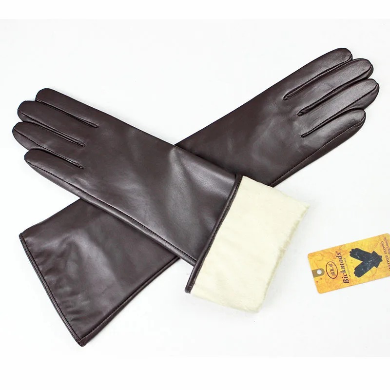 Women's 38 CM Long Fashion Color Leather Sheepskin Gloves with Velvet Lining Warm Finger Gloves for Autumn And Winter