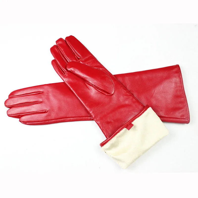 Women's 38 CM Long Fashion Color Leather Sheepskin Gloves with Velvet Lining Warm Finger Gloves for Autumn And Winter