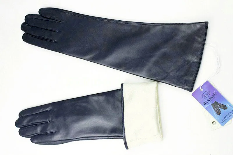 Women's 38 CM Long Fashion Color Leather Sheepskin Gloves with Velvet Lining Warm Finger Gloves for Autumn And Winter