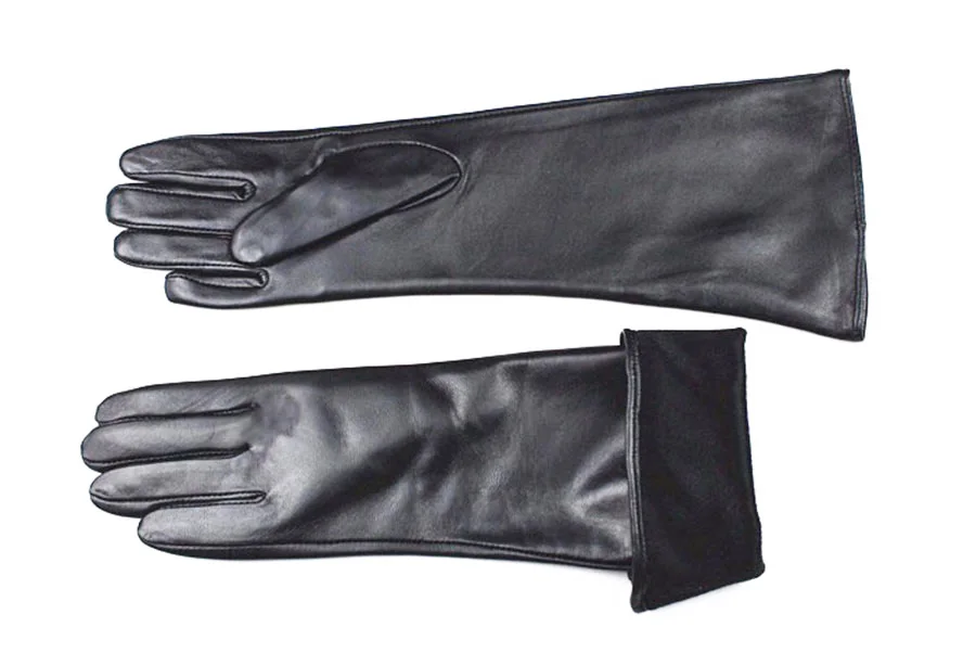 Women's 38 CM Long Fashion Color Leather Sheepskin Gloves with Velvet Lining Warm Finger Gloves for Autumn And Winter