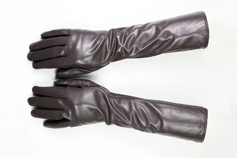 Women's 38 CM Long Fashion Color Leather Sheepskin Gloves with Velvet Lining Warm Finger Gloves for Autumn And Winter