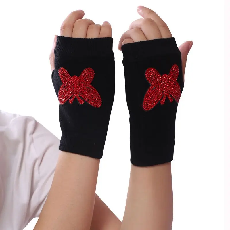 Fashion Rhinestone Rivet Crown Gothic Punk Adult Cool Fingerless Gloves Women Men Black Knitted Half Finger Winter Warm Mittens