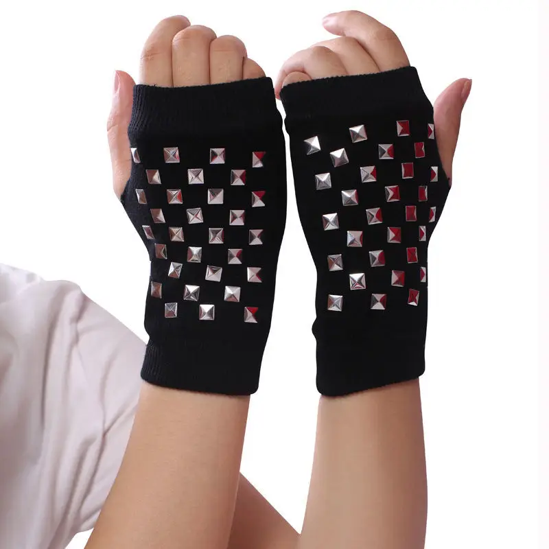 Fashion Rhinestone Rivet Crown Gothic Punk Adult Cool Fingerless Gloves Women Men Black Knitted Half Finger Winter Warm Mittens