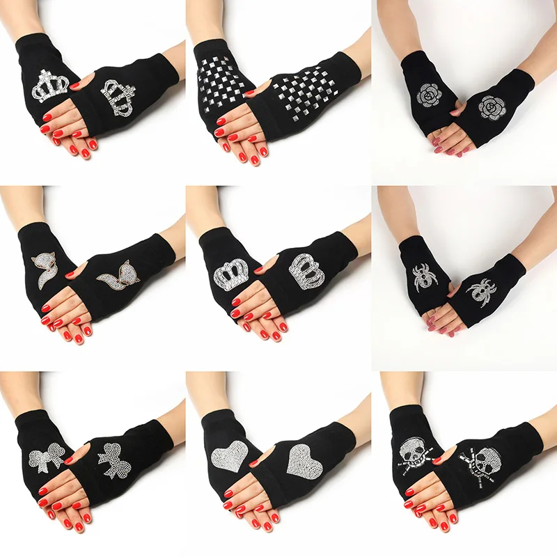 Fashion Rhinestone Rivet Crown Gothic Punk Adult Cool Fingerless Gloves Women Men Black Knitted Half Finger Winter Warm Mittens