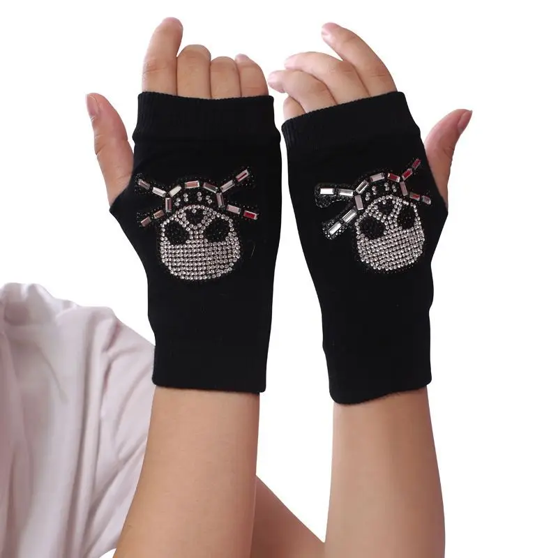 Fashion Rhinestone Rivet Crown Gothic Punk Adult Cool Fingerless Gloves Women Men Black Knitted Half Finger Winter Warm Mittens